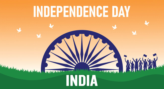 A vibrant illustration celebrating India's Independence Day with a blue wheel and silhouettes of people waving flags