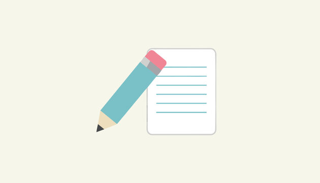 Minimalist illustration of a blue pencil writing on a white ruled sheet of paper over a warm beige background.