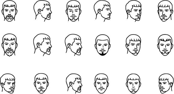 Black and white line art vector illustration of male faces with different beard styles viewed from different angles