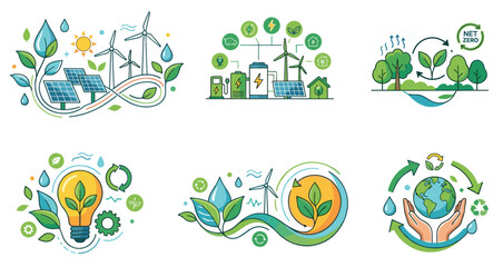 Fototapeta premium Renewable Energy and Sustainability Logo Collection Featuring Solar Power Wind Turbines Green Technology Eco Conservation and Net Zero Vector