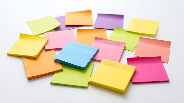 Many blank colorful adhesive notes spread on white background