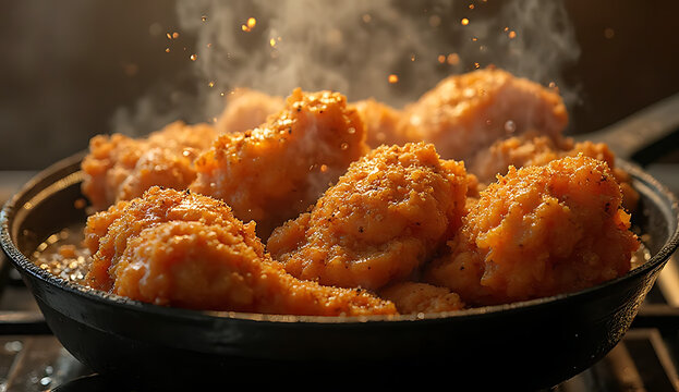 Golden fried chicken wings served in cast iron skillet. Crispy breaded poultry appetizer with savory seasoning for restaurant menus.