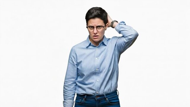 A confused person wearing glasses scratching their head in deep thought