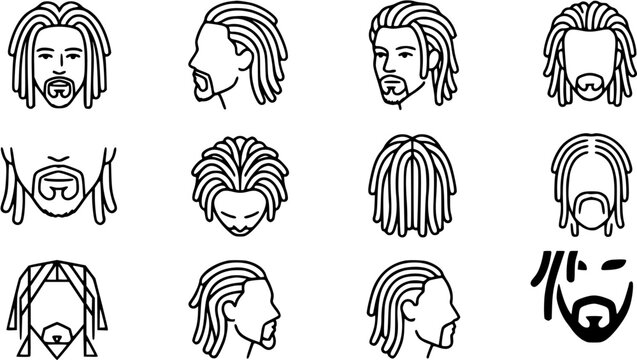 Black and White Line Art Icons of Diverse Male Faces with Dreadlocks and Beards, Vector Graphics
