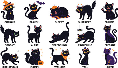 Obraz premium Happy Holloween Set of cute black cats showing different emotions and poses for halloween design elements Vector