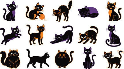Happy Holloween Set of cute black cats in various poses and expressions for design projects Vector