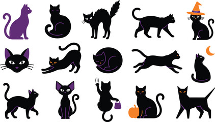 Fototapeta premium Happy Holloween Set of black cat silhouettes in different poses for halloween holiday design elements including sitting walking running and sleeping cats Vector