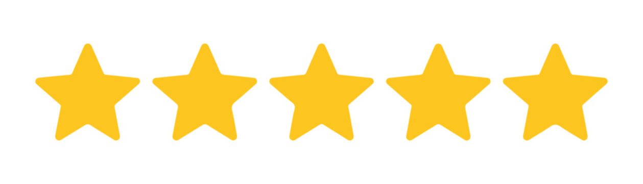 Five yellow stars rating in a row isolated on transparent background.