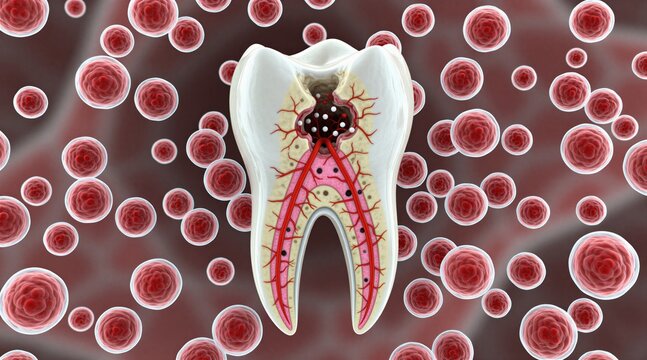 Cross section of human tooth showing decay and infection. Microscopic view of red blood cells or bacteria surround damaged tooth root canal. Dental health concept.