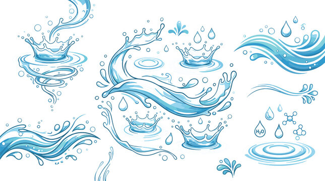 Water Splash and Liquid Wave Illustration Collection Featuring Ripples Flowing Streams Droplets Surface Ripples and Aquatic Motion Vector Set
