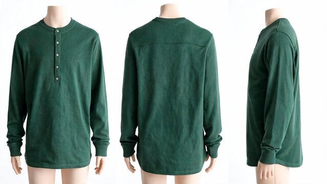 Green long sleeve henley shirt on mannequin front back and side views for product catalog and e commerce use