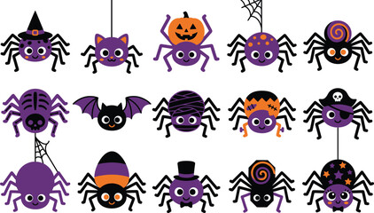 Naklejka premium Happy Holloween Cute cartoon spider set for halloween with funny characters wearing hats and costumes Vector