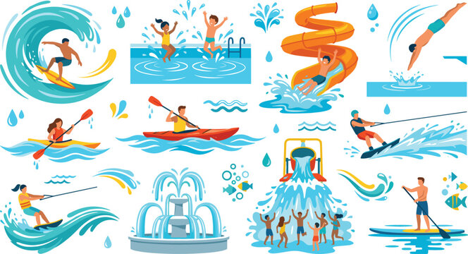 Water Sports and Aquatic Recreation Collection Featuring Surfing Kayaking Waterslides Diving Wakeboarding Splash Park and Summer Activities Vector