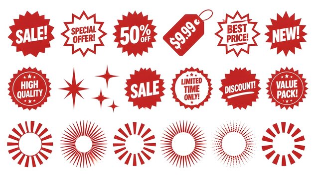 Set of red starburst. Price sticker, sale sticker, price tag, starburst, quality mark, retro stars, sale or discount sticker, sunburst badges, sun ray frames, promotional badge set, shopping labels.lu