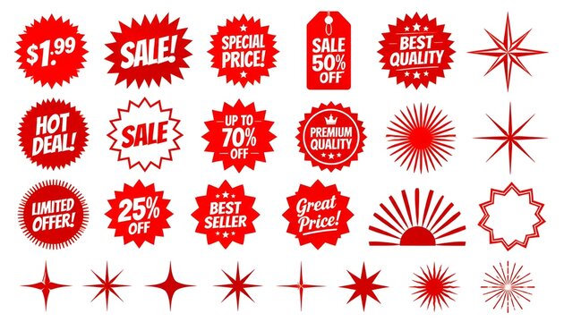 Set of red starburst. Price sticker, sale sticker, price tag, starburst, quality mark, retro stars, sale or discount sticker, sunburst badges, sun ray frames, promotional badge set, shopping labels.lu