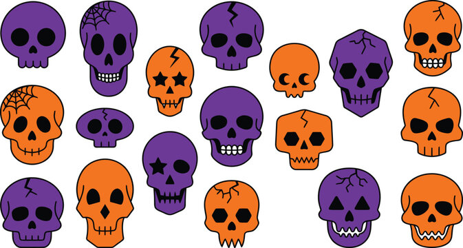 Happy Holloween Set of colorful cartoon skull icons for halloween decoration and spooky party design elements Vector