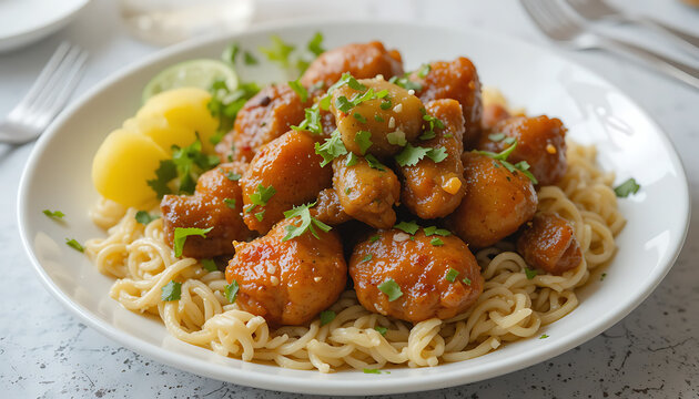 Golden fried chicken bites served on rice with lemon wedge. Crispy breaded poultry chunks on steamed jasmine rice with garnish.