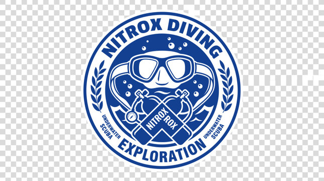 Circular blue Nitrox diving exploration emblem with gear icons.