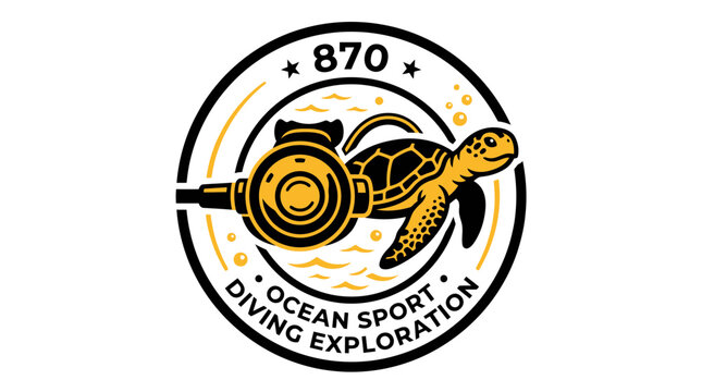 Circular diving exploration logo featuring sea turtle and regulator.