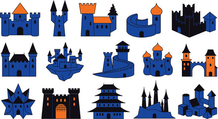 Happy Holloween Collection of various blue fairytale castles and medieval fortresses in a simple flat vector icon style Vector © VectorPro