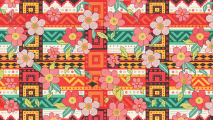 Fototapeta premium Colorful ethnic Thai textile seamless pattern vector background 
