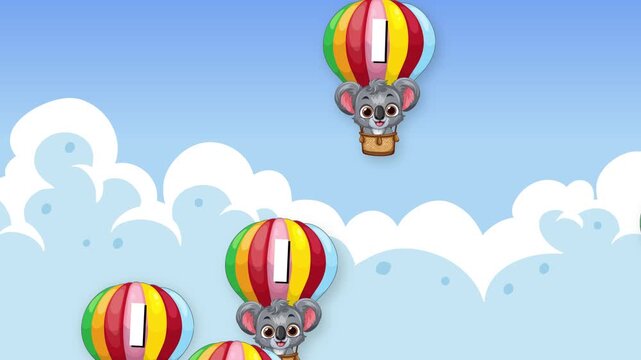 Cartoon Koalas in Colorful Hot Air Balloons Falling Through Blue Sky