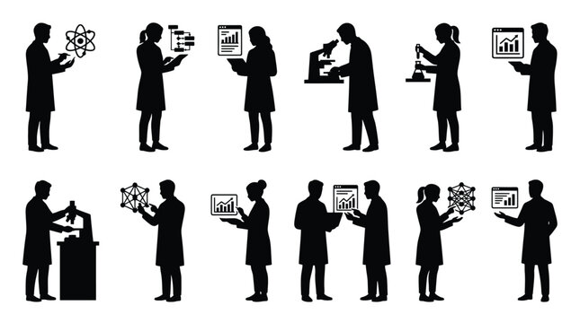 Set of scientist silhouettes in lab coats working with scientific equipment, data analysis, and digital technology