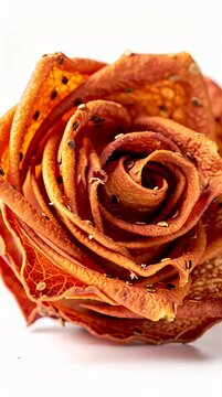 Dried fruit leather rose shaped snack on white background macro studio shot