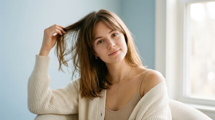 Naklejka premium Portrait of a young woman with brown hair and bangs in a cozy cardigan