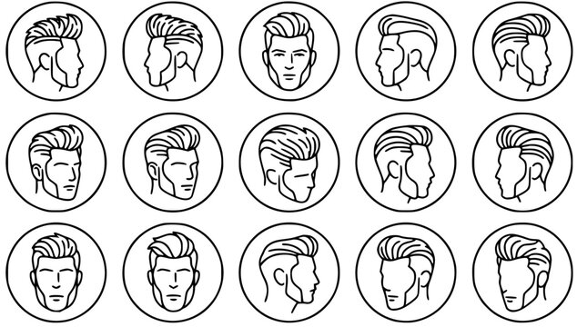 Trendy Male Hairstyles Barbershop Line Art Icons Set. Men's Haircuts, Grooming, and Fashion Outline Vector Collection.