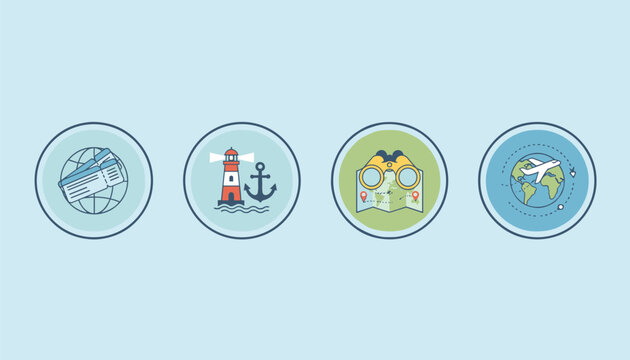 Travel and adventure icons set inside blue circles including flight tickets, lighthouse, binoculars, and a globe with airplane.