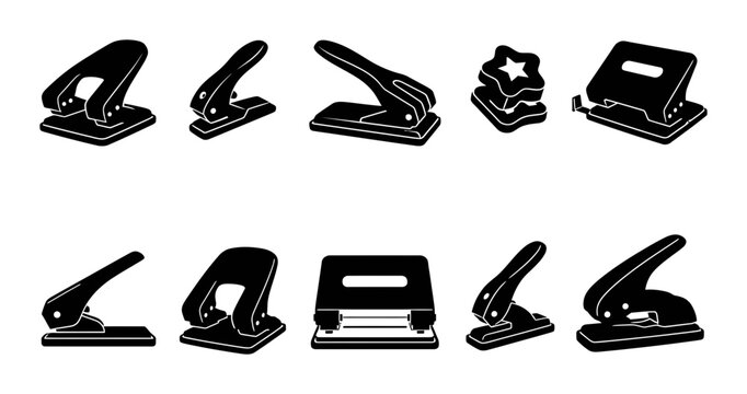 Paper Hole Puncher Icon Set Featuring Various Office Stationery Equipment and Desktop Punching Tools