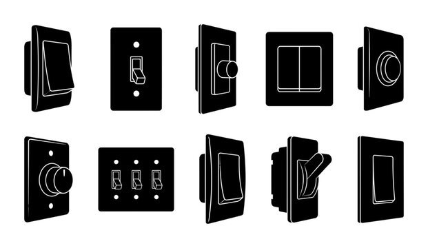 Light Switch Vector Icon Set Featuring Various Electrical Wall Switches and Dimmers in Black Silhouette Style