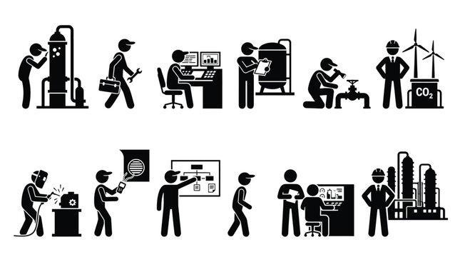 Set of industrial workers and engineers icons, manufacturing and production process, plant operators and technical staff