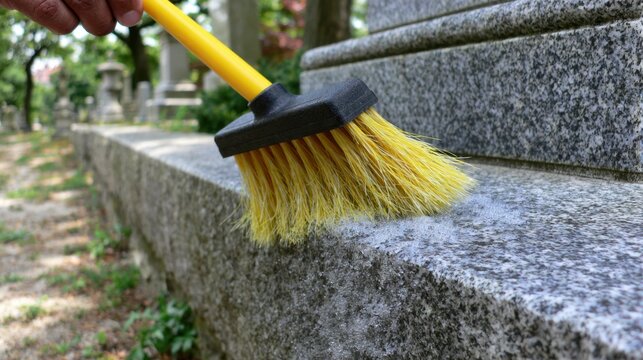 Hand holding yellow brush cleaning gray granite memorial stone surface in outdoor cemetery with trees and gravestones in the background during daytime
