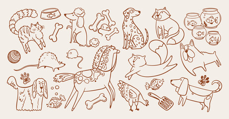 Naklejka na ściany i meble Cute domestic pets doodle background, friendly dogs line art pattern, puppy grooming sketch illustration, veterinary care seamless texture, animal shelter icon set, pet lovers elements wallpaper, home