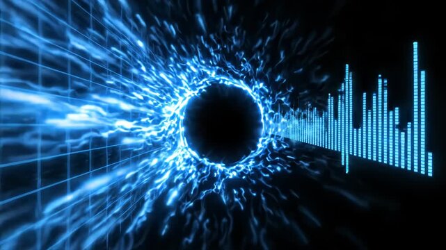 Abstract digital music equalizer with glowing portal and grid