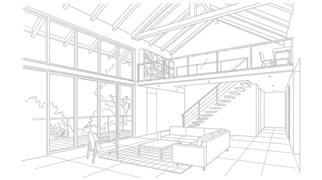 Modern architectural drawing of a spacious living room interior with a mezzanine loft, staircase, and vaulted ceiling sketch