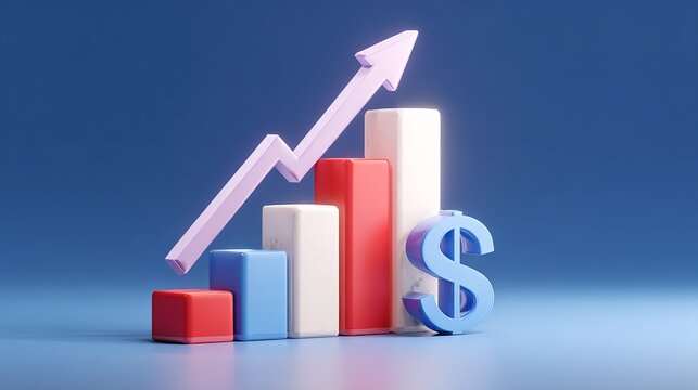 Business growth chart with upward arrow and dollar symbol, financial success and investment concept in modern 3D design.