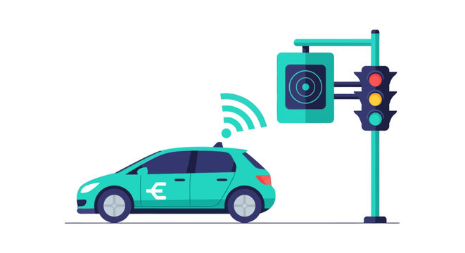 Smart Electric Car Communicating with Traffic Light via Wi-Fi Signal, V2I Vehicle to Infrastructure Technology and Smart City Transportation Concept Flat Vector Illustration