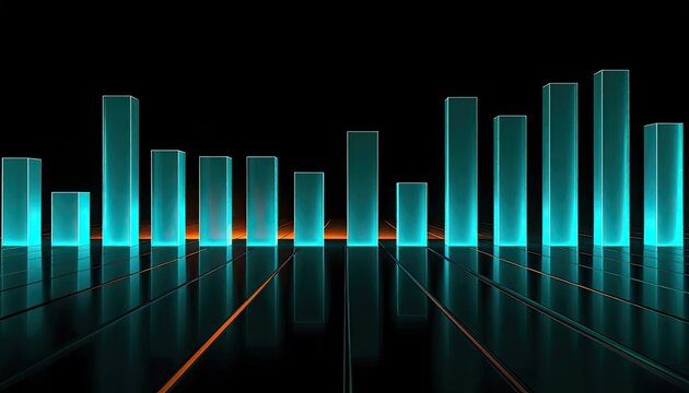 Futuristic 3D bar chart graph showing data analysis for business and financial growth.