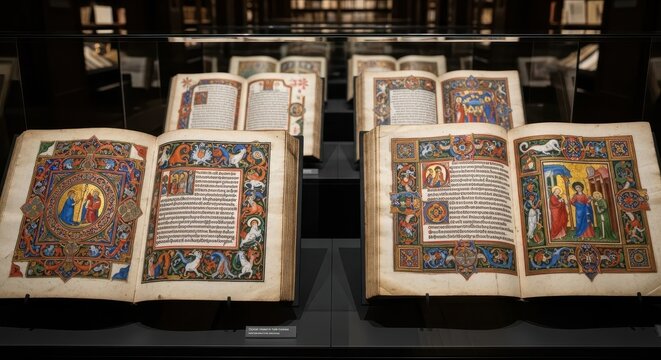 Ancient Illuminated Medieval Manuscript Pages Displayed