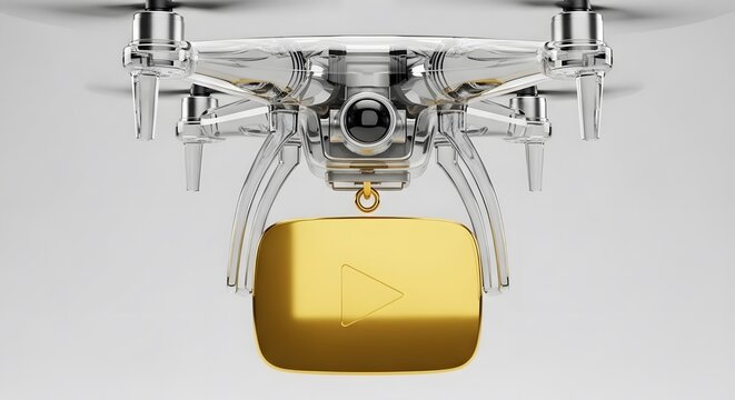 A futuristic silver quadcopter drone carrying a gold video play button award, representing digital content delivery and viral success.