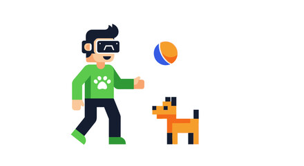 Fototapeta premium Pixel Art Illustration of a Man Wearing VR Headset Playing Fetch with a Virtual Pet Dog and Ball, Metaverse and Digital Gaming Concept