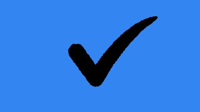 Minimalist black checkmark tick mark icon animation isolated on plain solid blue background for business project approval concept, successful task completion status