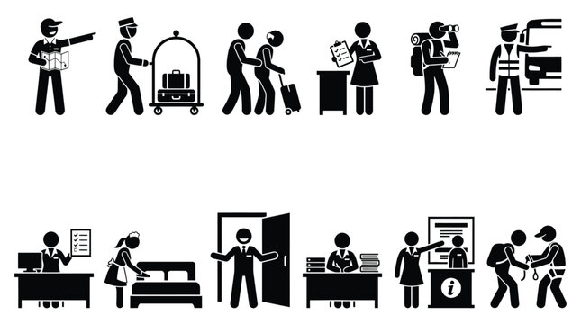 Set of hotel staff icons including bellboy, receptionist, housekeeper, concierge, and tour guide