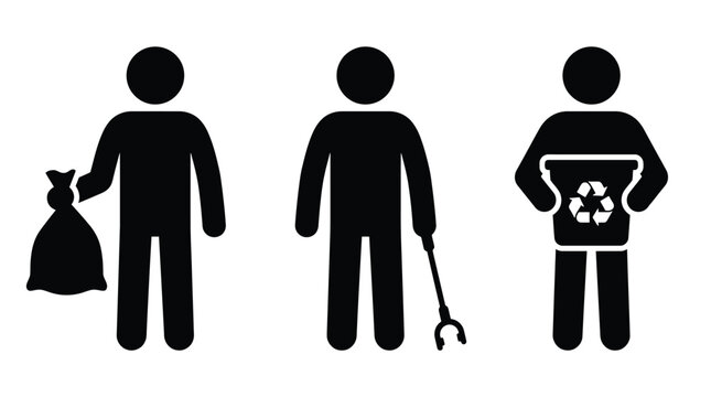 Set of vector icons depicting people cleaning up the environment, including a person carrying a trash bag, a person using a litter picker tool, and a person holding a recycling bin