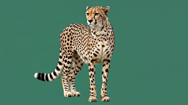 A majestic cheetah standing tall against a solid deep green background color