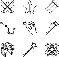 Fototapeta premium Black and White Line Art Icons of Stars and Magic Wands
