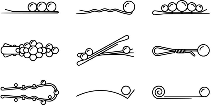 Beauty Hair Accessories Line Art Icons Set. Various Hairpins, Bobby Pins, and Decorative Hair Clips Outline Vector Collection for Fashion and Styling.
